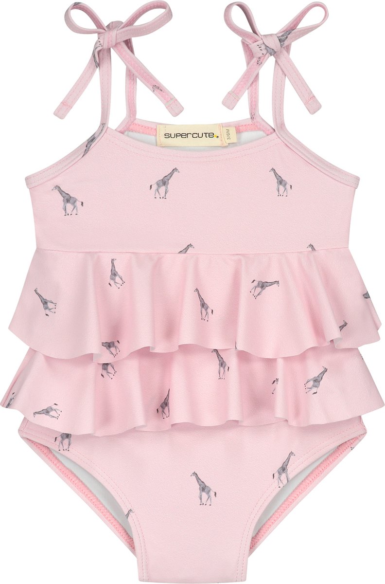 Supercute badpak roze/grijs met giraffen, ruffels en drukknoop sluiting maat 62