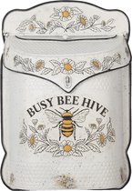 HAES DECO - Brievenbus vintage wit metaal met Bij en bloemen bedrukt en tekst "BUSY BEE HIVE", formaat 27x8x39 cm
