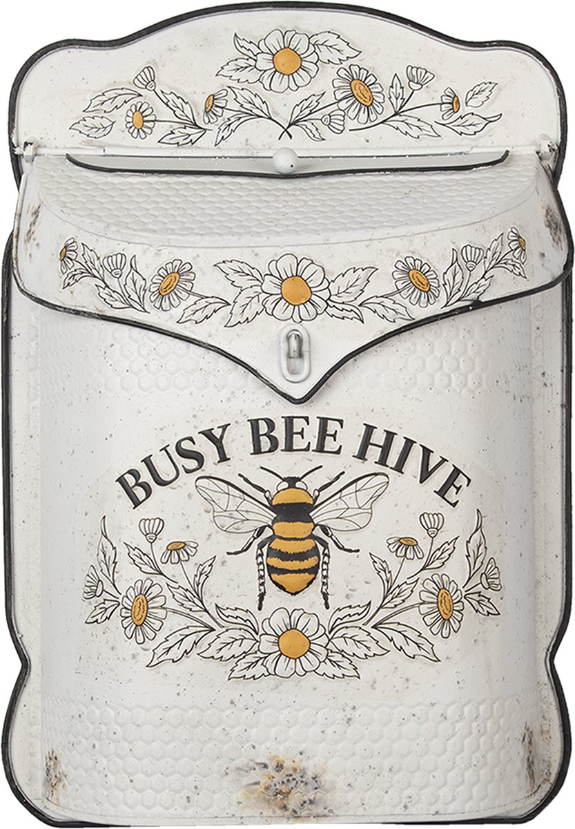 HAES deco Brievenbus vintage wit metaal met Bij en bloemen bedrukt en tekst BUSY BEE HIVE formaat 27x8x39 cm