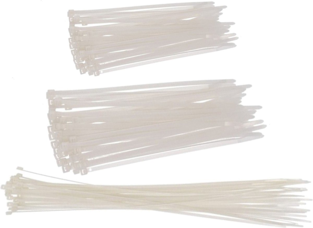 Setje van 130x stuks kabelbinders/tie-wraps wit 15-20-25 cm van 4.7 mm breed - Klussen/gereedschap