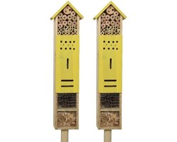 2x stuks geel insectenhotel 118 cm op paal/steker - Hotel/huisje voor insecten - Bijenhuis/vlinderhuis