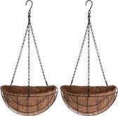 2x stuks metalen hanging baskets / plantenbakken halfrond zwart met ketting 26 cm inclusief kokosinlegvel - Hangende bloemen