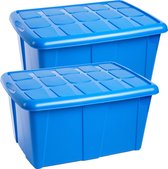 Plasticforte Opslagbox met deksel - 2x - Blauw - 60L - kunststof - 63 x 46 x 32 cm