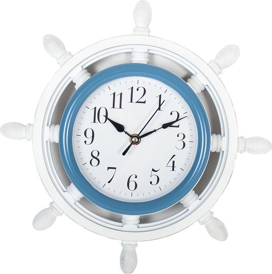 Horloge murale 33 cm volant / gouvernail blanc avec bleu - Horloges - Horloges Horloges murales/ horloges murales avec thème nautique / mer