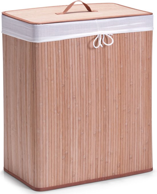 Luxe dubbele bruine wasmand van bamboe hout 52 x 32 x 63 cm - Huishouding/huishouden - Schoonmaakartikelen - Was sorteren/verzamen - Wasgoedmanden/wasmanden - Dubbele wasmanden
