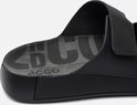 Detail van de binnenzool van zwarte ECCO sandalen, met ECCO DENMARK logo.