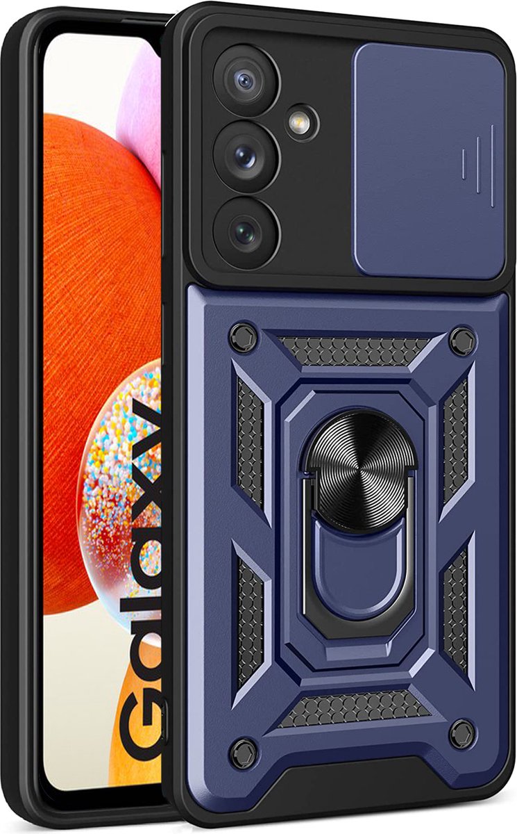 Samsung Galaxy A14 hoesje met Ringhouder en Camera schuifje - shockproof case - Blauw