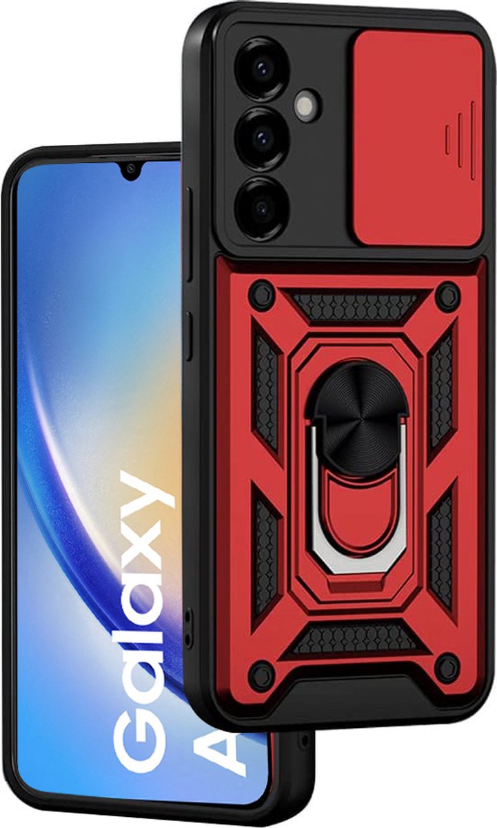 Samsung Galaxy A34 hoesje met Ringhouder en Camera schuifje - shockproof case - Rood