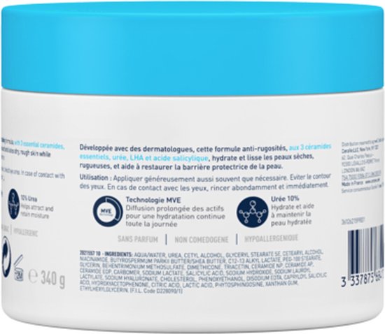 Wit CeraVe potje met blauwe dop. Ingrediëntenlijst en gebruiksaanwijzing in het Frans.