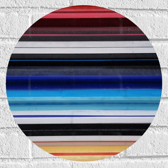 Muursticker Cirkel - Strepen in het Rood, Geel, Blauw en Grijs - 40x40 cm Foto op Muursticker