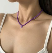 Choker ras du cou Leerella violet avec pendentif coeur - Collier Perles Boho - Colliers - Choker uni perles - Saint Valentin - Fête des mères - Cadeaux.