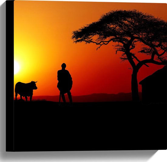 Canvas - Silhouet van Boer met zijn Koeien bij Huis - 40x40 cm Foto op Canvas Schilderij (Wanddecoratie op Canvas)