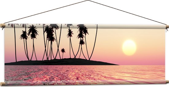 Textielposter - Silhouet van Palmbomen op Onbewoond Eiland in de Oceaan bij Zonsondergang - 120x40 cm Foto op Textiel