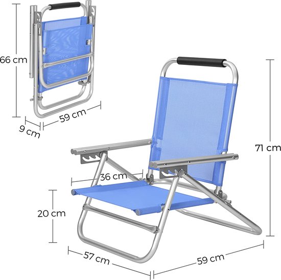 SONGMICS Strandstoel – Opvouwbaar, Ademend, Met Armleuningen En 4-Stand Rugleuning – Lichtgewicht Aluminium Voor Camping En Strand