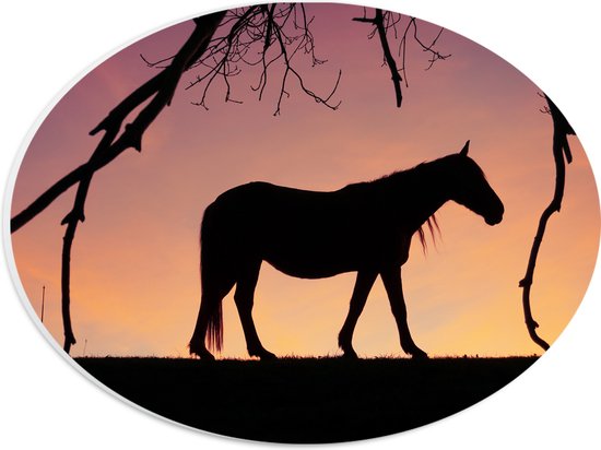 PVC Schuimplaat Ovaal - Silhouet van Paard onder Boom tegen Rozekleurige Lucht - 28x21 cm Foto op Ovaal (Met Ophangsysteem)