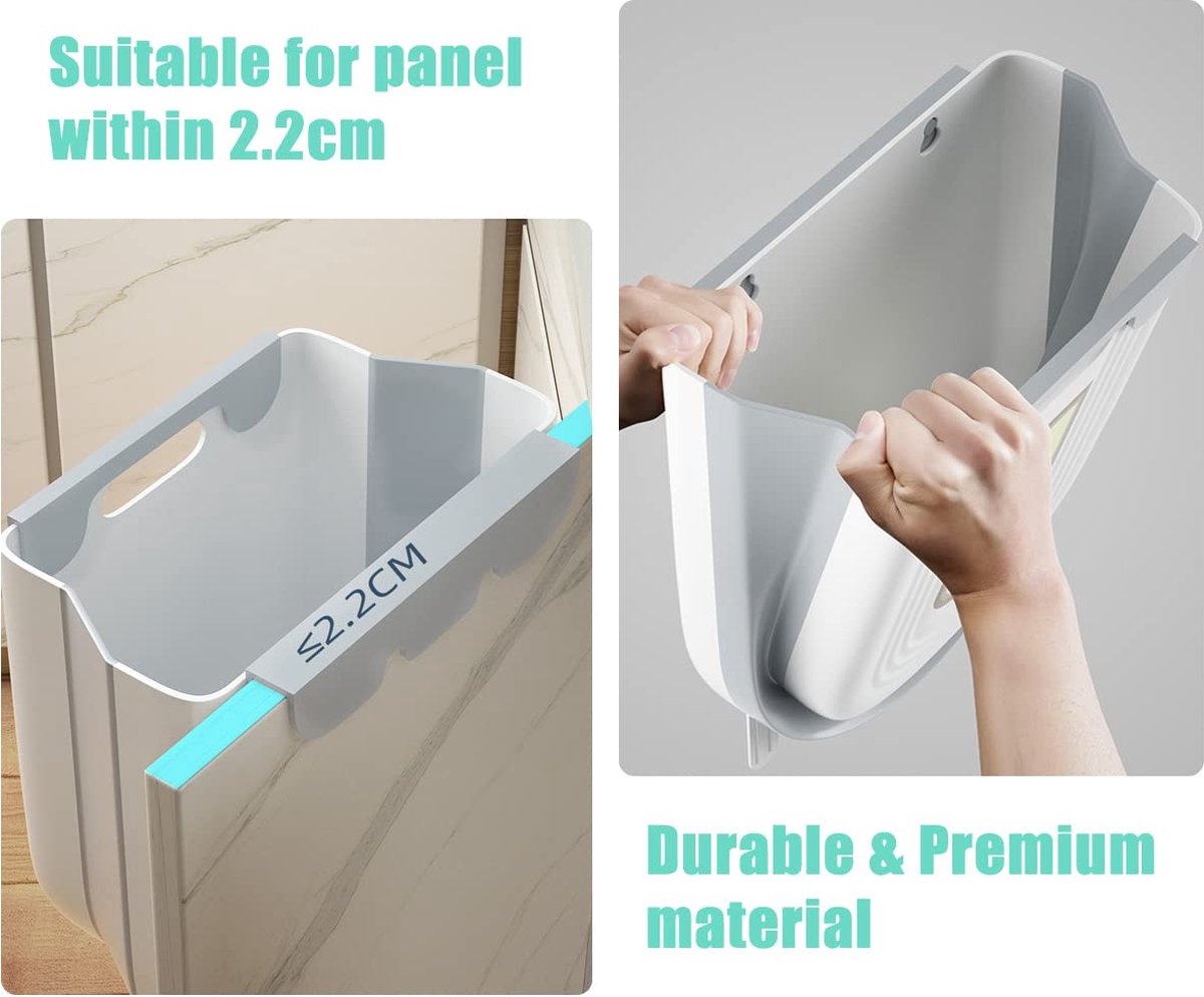 Poubelle De Cuisine Suspendue Et Pliable - 10 Litres - ECHOBUY - Pour Porte De Placard (<2.5cm) - Gain De Place - Blanc/Gris