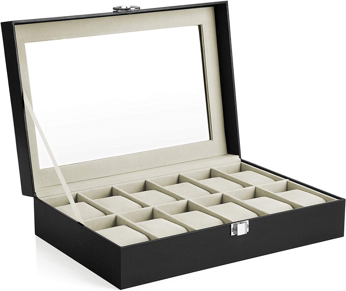 Horlogedoos met 12 vakken, horlogekast met glazen deksel, horlogekast met uitneembaar horlogekussen, metalen sluiting, cadeau-idee, PU-hoes in zwart, fluwelen voering in groen-beige