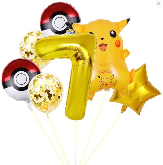Pokemon Verjaardag Versiering - 7 delig - Leeftijd: 7 jaar - Pokemon Ballonnen - Pokemon Kinderfeestje - Pokemon Feestpakket - Folieballon / Leeftijdballon - Feestversiering - Kinderverjaardag Meisje / Jongen - Hoera 7 jaar