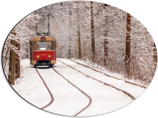 Dibond Ovaal - Rode Tram rijdend door Bos vol Bomen in de Winter - 56x42 cm Foto op Ovaal (Met Ophangsysteem)