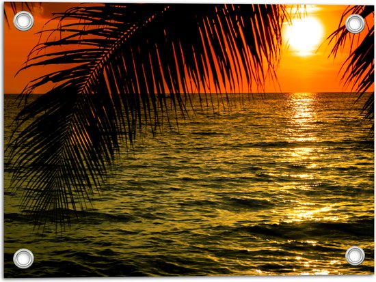 Tuinposter – Silhouet van Palmbladeren hangend boven de Zee tijdens Zonsondergang - 40x30 cm Foto op Tuinposter (wanddecoratie voor buiten en binnen)