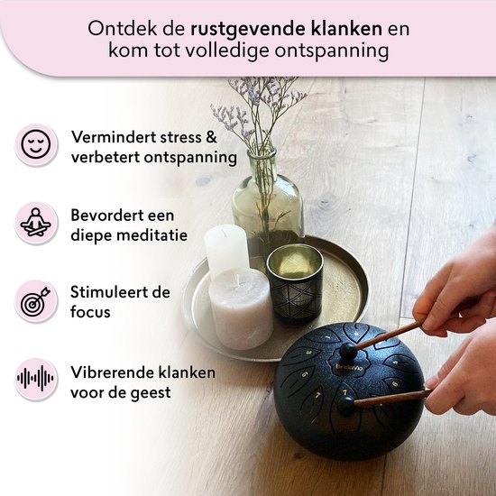 BrellaVio Handpan - Met Lesboek - Let op: afmeting 16cm ø - Zwart - Healing Steel Tongue Drum - Hand Klankschaal - Hang Drum - Lotus Tong Muziektherapie van BrellaVio — afbeelding 2