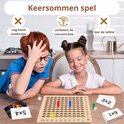 Jongetje met bril en rood haar en meisje met zwarte staartjes spelen een tafelspel.
