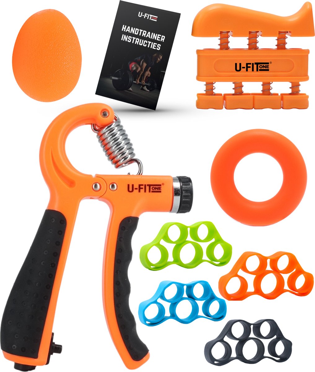 U Fit One 8 Delige Handtrainer Set - Verstelbare Teller Handgrip - Handknijper - Knijphalter - Stressbal - Vingertrainer - Onderarm Trainer - Oranje