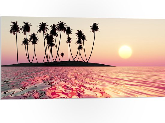 PVC Schuimplaat - Silhouet van Palmbomen op Onbewoond Eiland in de Oceaan bij Zonsondergang - 100x50 cm Foto op PVC Schuimplaat (Met Ophangsysteem)