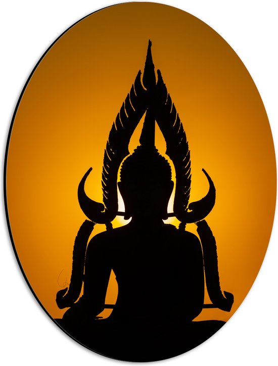 Dibond Ovaal - Silhouet van Buddha tegen Feloranje Zonsondergang - 30x40 cm Foto op Ovaal (Met Ophangsysteem)