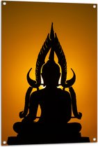 Tuinposter – Silhouet van Buddha tegen Feloranje Zonsondergang - 70x105 cm Foto op Tuinposter (wanddecoratie voor buiten en binnen)