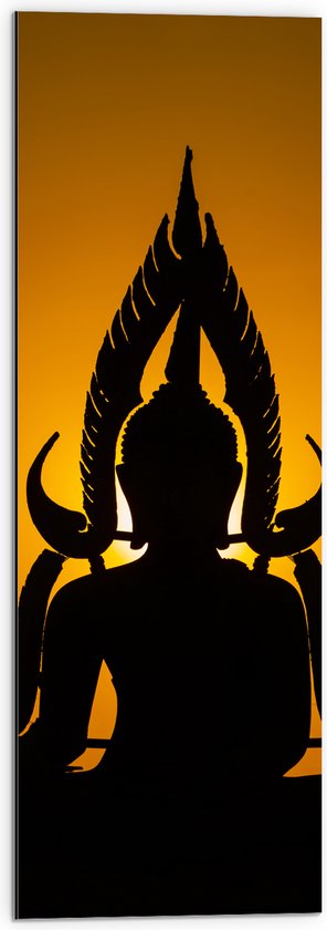 Dibond - Silhouet van Buddha tegen Feloranje Zonsondergang - 30x90 cm Foto op Aluminium (Met Ophangsysteem)