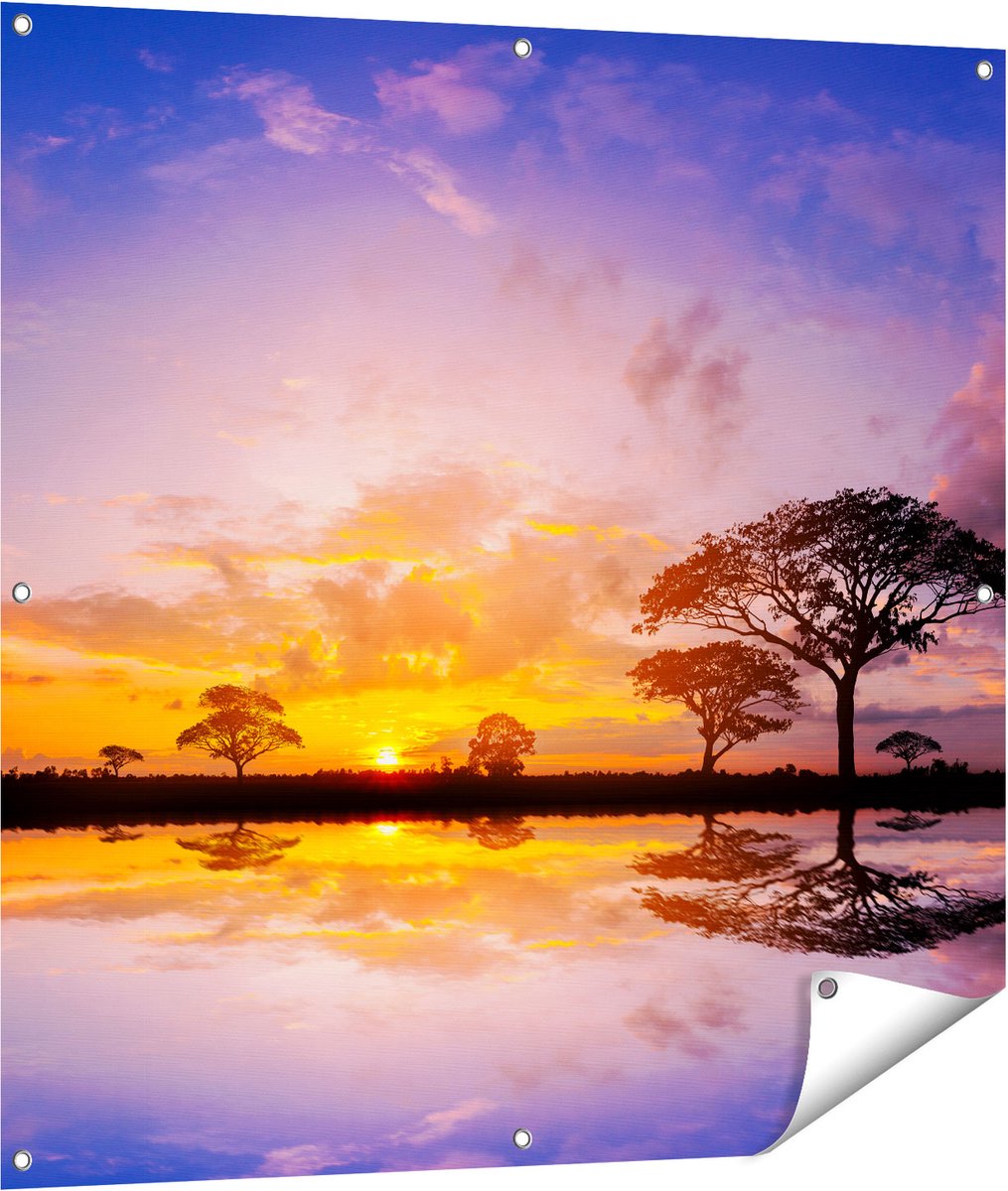 Gards Tuinposter Silhouet van Bomen tijdens Zonsondergang - 100x100 cm - Tuindoek - Tuindecoratie - Wanddecoratie buiten - Tuinschilderij Multikleur