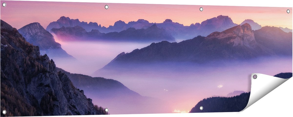 Gards Tuinposter Bergen Landschap in Itali� tijdens Zonsondergang - 150x50 cm - Tuindoek - Tuindecoratie - Wanddecoratie buiten - Tuinschilderij Multikleur