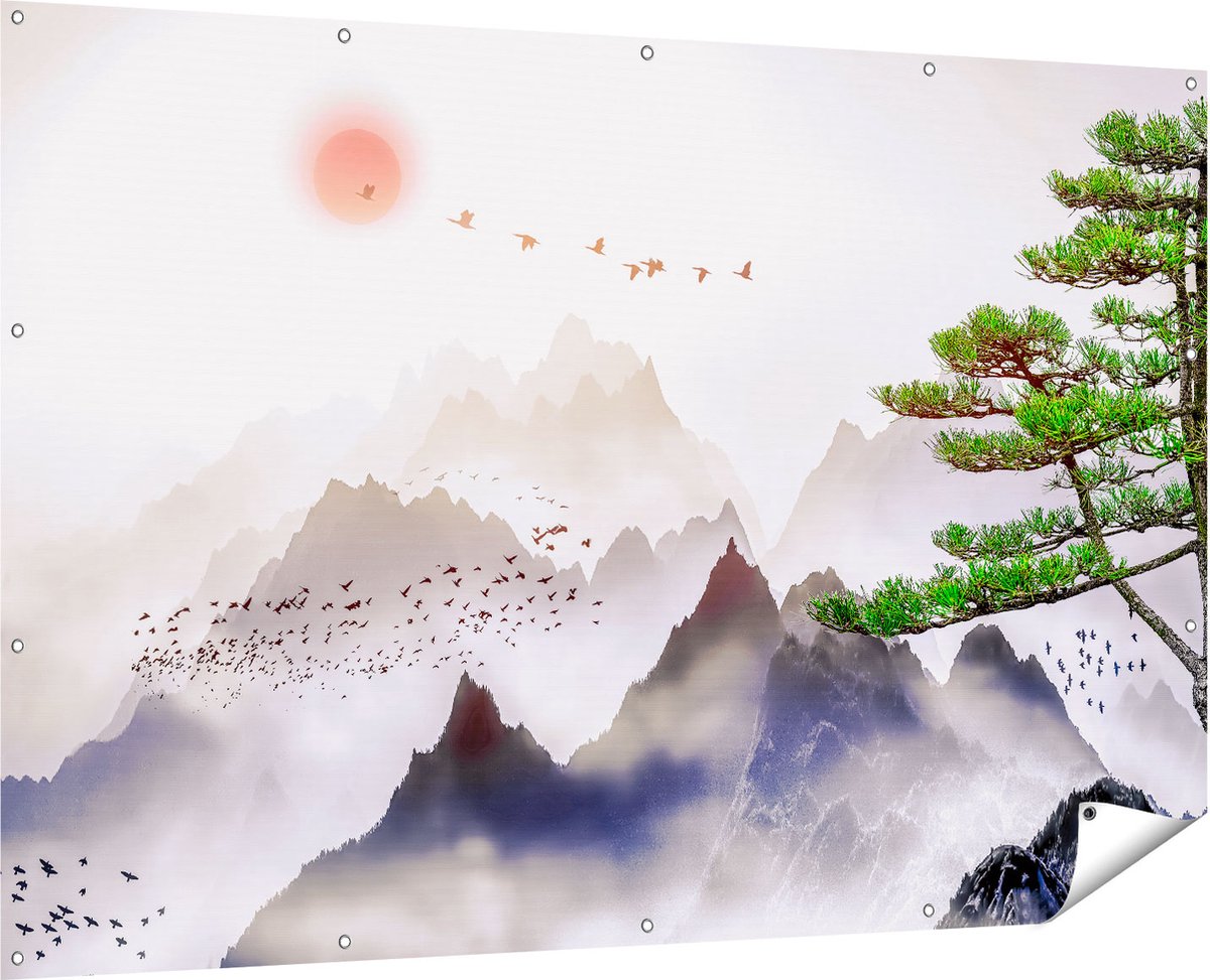 Gards Tuinposter Bergenlandschap met een Boom - Abstract - 180x120 cm - Tuindoek - Tuindecoratie - Wanddecoratie buiten - Tuinschilderij Multikleur