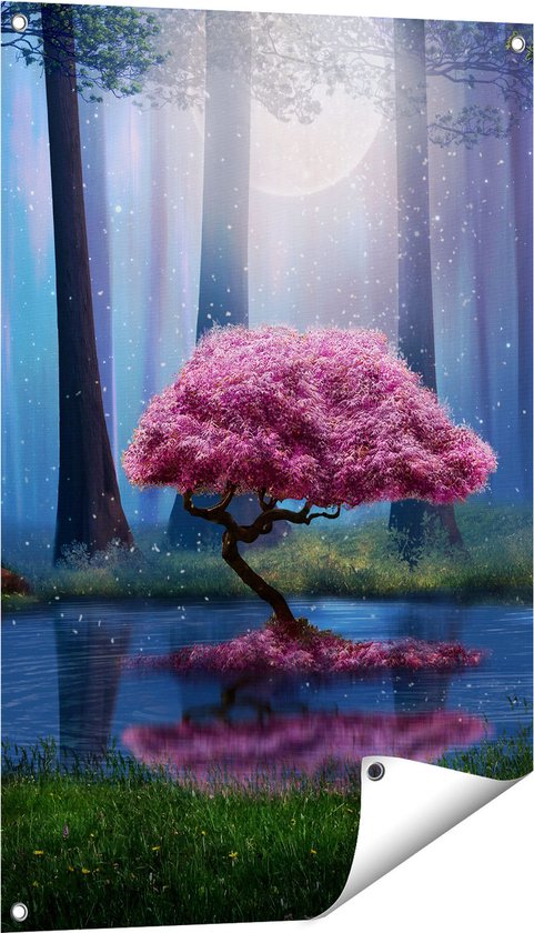 Gards Tuinposter Roze Boom op een Vijver in de Nacht - 60x90 cm - Tuindoek - Tuindecoratie - Wanddecoratie buiten - Tuinschilderij