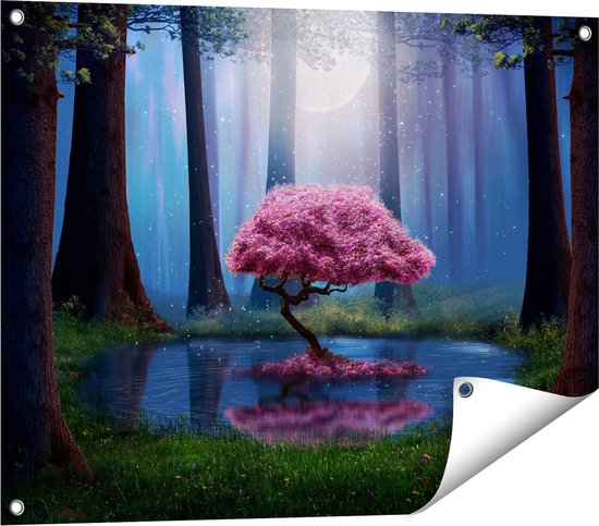 Gards Tuinposter Roze Boom op een Vijver in de Nacht - 80x60 cm - Tuindoek - Tuindecoratie - Wanddecoratie buiten - Tuinschilderij