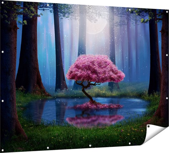 Gards Tuinposter Roze Boom op een Vijver in de Nacht - 160x120 cm - Tuindoek - Tuindecoratie - Wanddecoratie buiten - Tuinschilderij