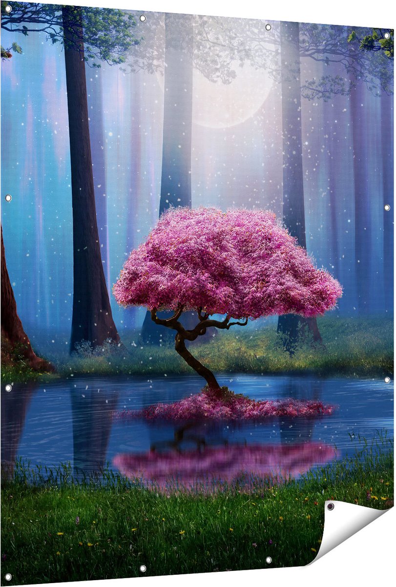 Gards Tuinposter Roze Boom op een Vijver in de Nacht - 120x150 cm - Tuindoek - Tuindecoratie - Wanddecoratie buiten - Tuinschilderij Multikleur