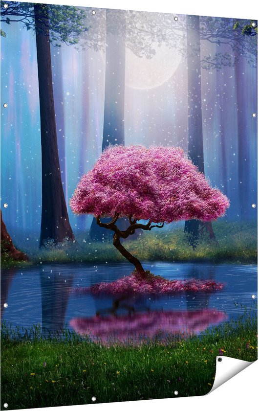 Gards Tuinposter Roze Boom op een Vijver in de Nacht - 120x160 cm - Tuindoek - Tuindecoratie - Wanddecoratie buiten - Tuinschilderij