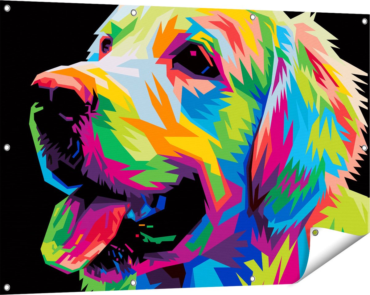 Gards Tuinposter Kleurrijke Hond - Abstract - 120x80 cm - Tuindoek - Tuindecoratie - Wanddecoratie buiten - Tuinschilderij Multikleur