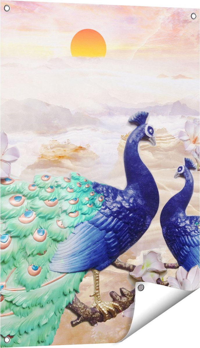 Gards Tuinposter Twee Pauwen bij Elkaar met Bloemen - Liefde - 60x90 cm - Tuindoek - Tuindecoratie - Wanddecoratie buiten - Tuinschilderij Multikleur