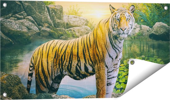 Gards Tuinposter Luipaard in een Vijver bij Zonsondergang - 80x40 cm - Tuindoek - Tuindecoratie - Wanddecoratie buiten - Tuinschilderij