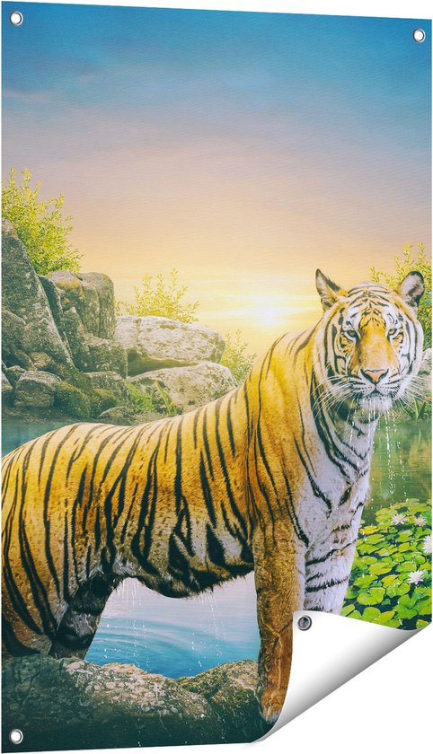 Gards Tuinposter Luipaard in een Vijver bij Zonsondergang - 60x90 cm - Tuindoek - Tuindecoratie - Wanddecoratie buiten - Tuinschilderij