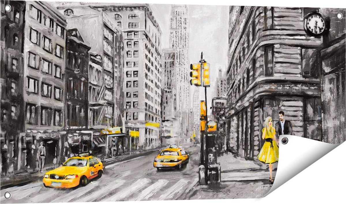 Gards Tuinposter Geschilderde New York Tekening - Zwart Wit - 100x50 cm - Tuindoek - Tuindecoratie - Wanddecoratie buiten - Tuinschilderij Multikleur
