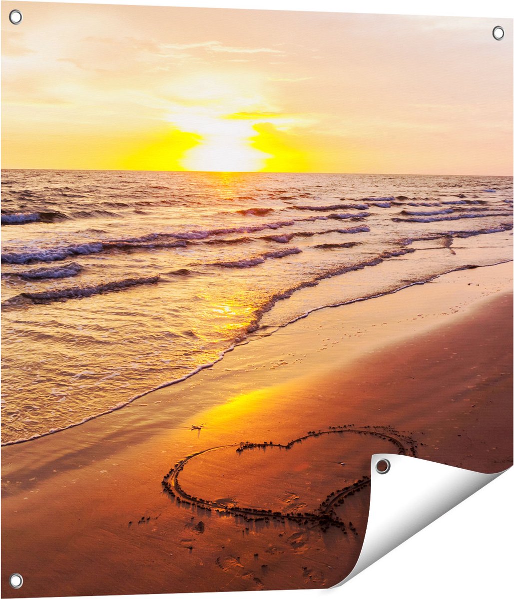 Gards Tuinposter Zonsondergang op het Strand met een Hartje - 70x70 cm - Tuindoek - Tuindecoratie - Wanddecoratie buiten - Tuinschilderij Multikleur