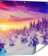 Gards Tuinposter Zonsondergang in het Sneeuw Bos - 80x80 cm - Tuindoek - Tuindecoratie - Wanddecoratie buiten - Tuinschilderij