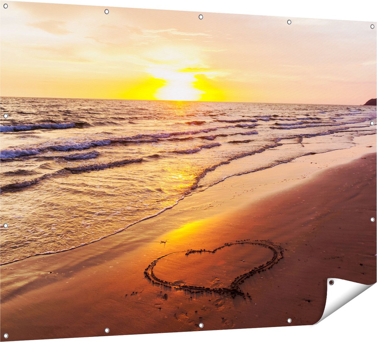 Gards Tuinposter Zonsondergang op het Strand met een Hartje - 160x120 cm - Tuindoek - Tuindecoratie - Wanddecoratie buiten - Tuinschilderij Multikleur