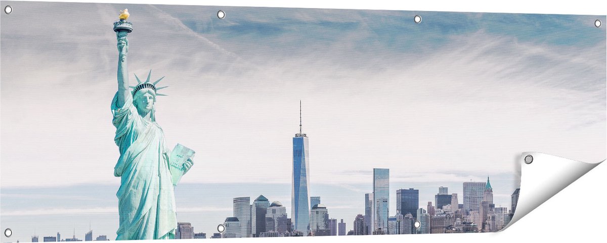 Gards Tuinposter Vrijheidsbeeld in New York - 150x50 cm - Tuindoek - Tuindecoratie - Wanddecoratie buiten - Tuinschilderij Multikleur