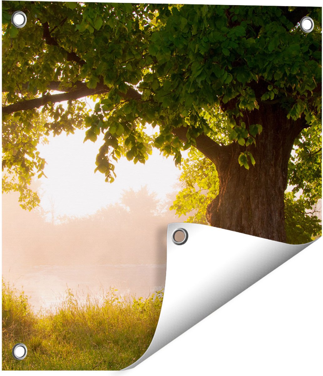 Gards Tuinposter Eikenboom aan het Water met Volle Bladeren - 40x40 cm - Tuindoek - Tuindecoratie - Wanddecoratie buiten - Tuinschilderij Multikleur