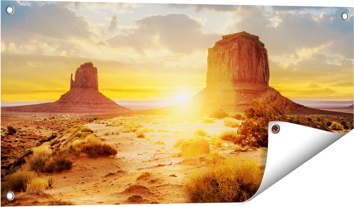 Gards Tuinposter Zonsondergang in Woestijn Monument Valley - 80x40 cm - Tuindoek - Tuindecoratie - Wanddecoratie buiten - Tuinschilderij Multikleur
